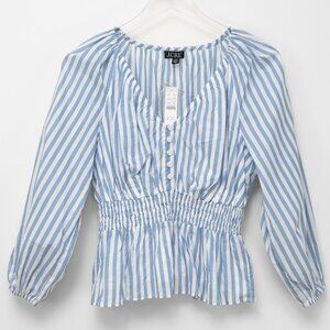 J. Crew V-Neck Smocked Waist Top Stripe Cotton Blouse Blue White Size XXS New